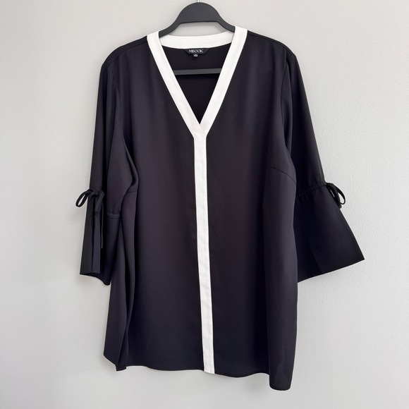 Misook Black Tunic Top White Trim Tie Sleeve Career‎ Blouse Size L - Picture 1 of 8